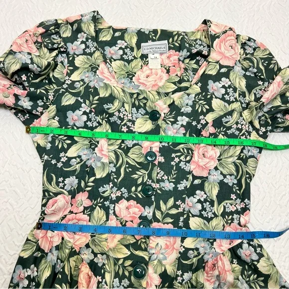 E.D. Michaels by Melanie Drucker Vintage Floral Midi Dress Green Pink 80s - Picture 7 of 9
